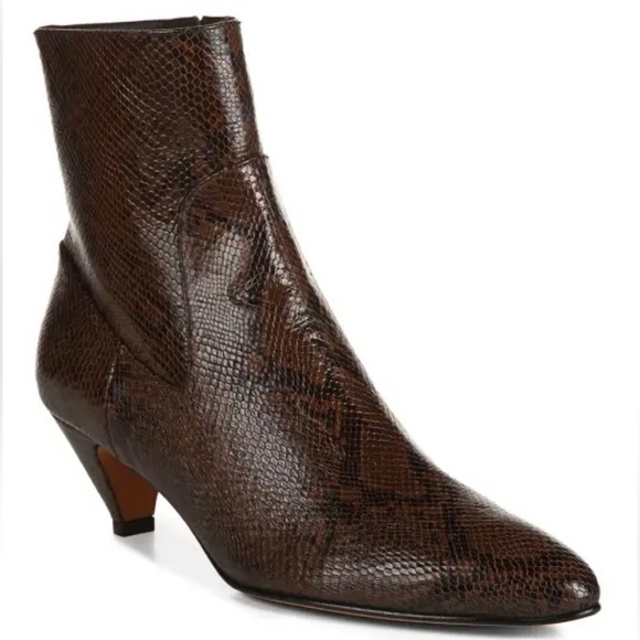 Vince Snake Brown Leather Point Toe Ankle Bootie Kitten Heel - Picture 3 of 11